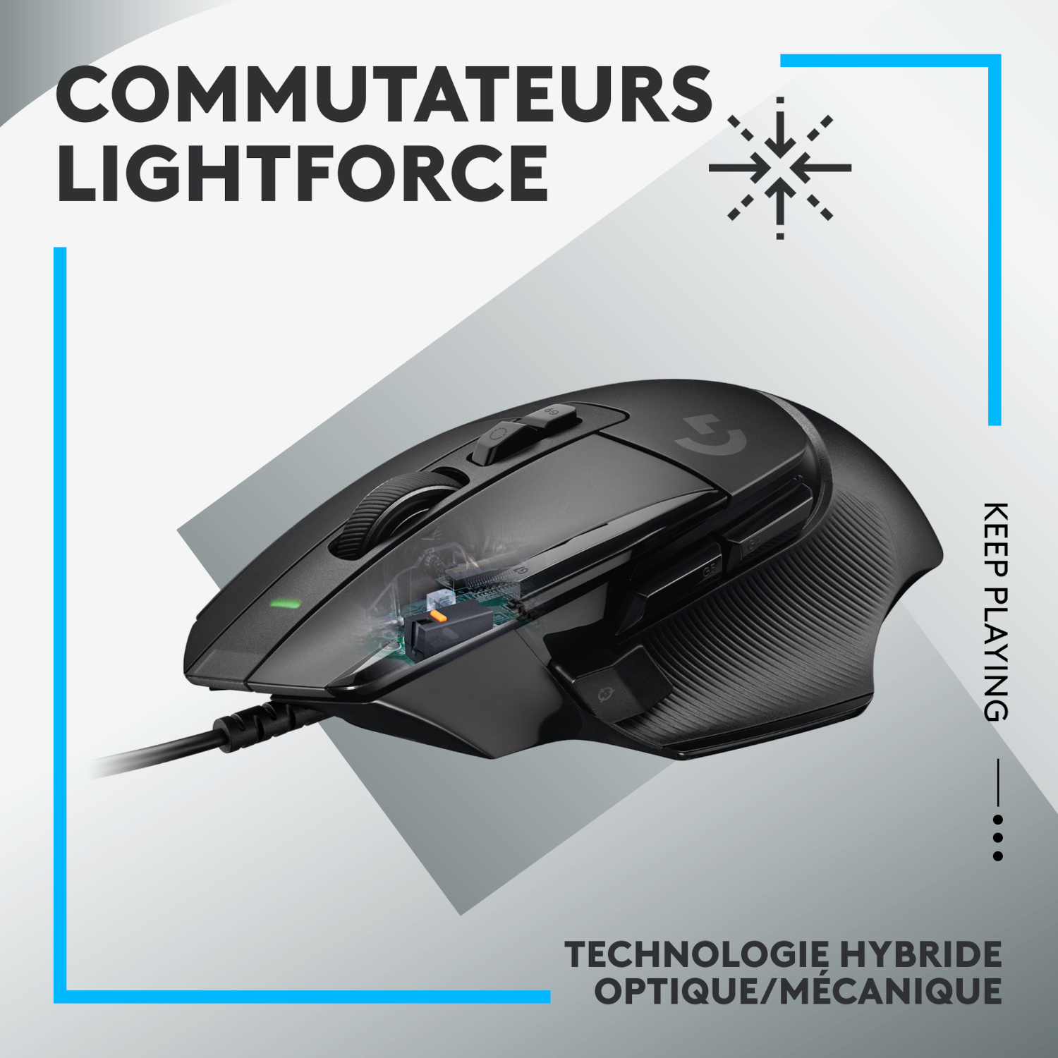 Souris gaming noire avec texte et lignes bleues. Technologie hybride optique/mécanique.