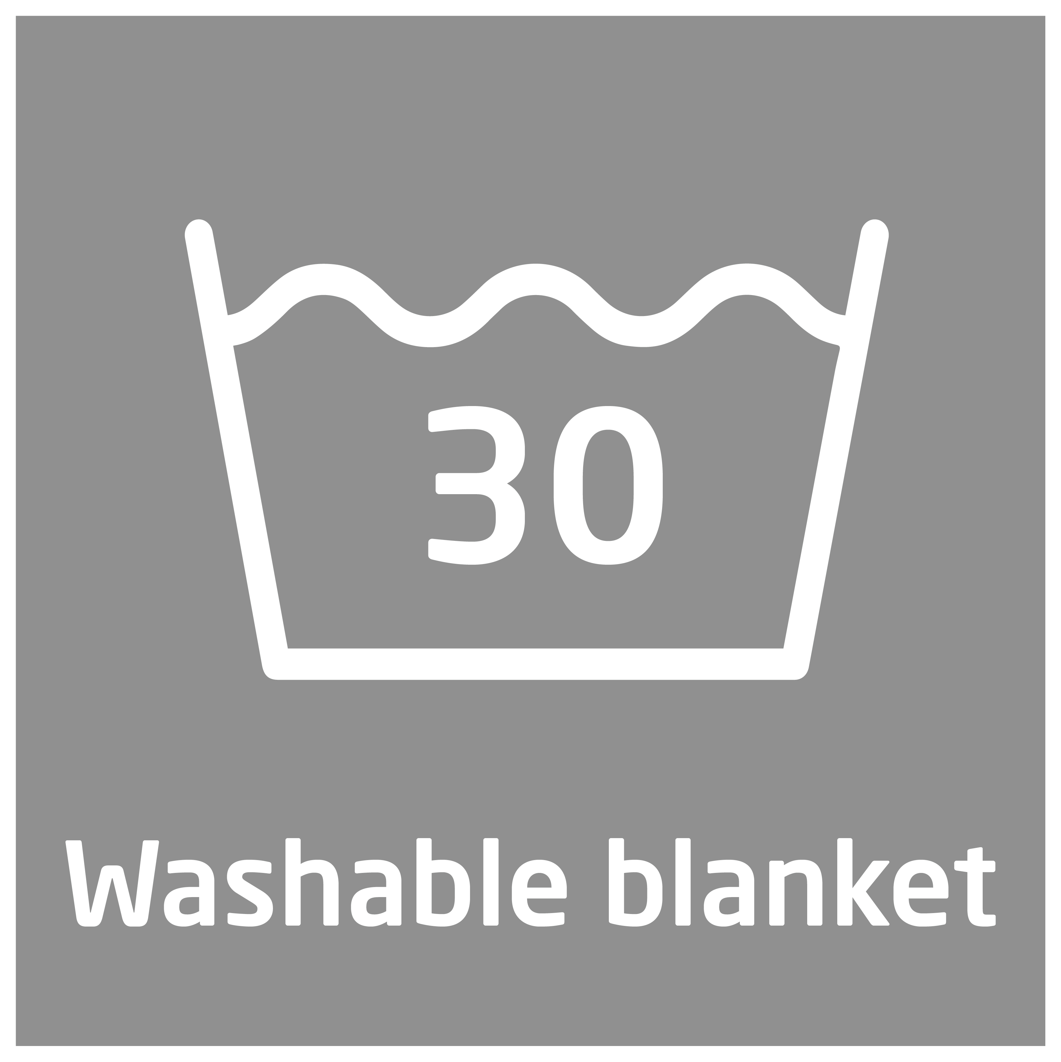 Waschanleitungssymbol, 30 Grad. Text: Waschbare Decke.