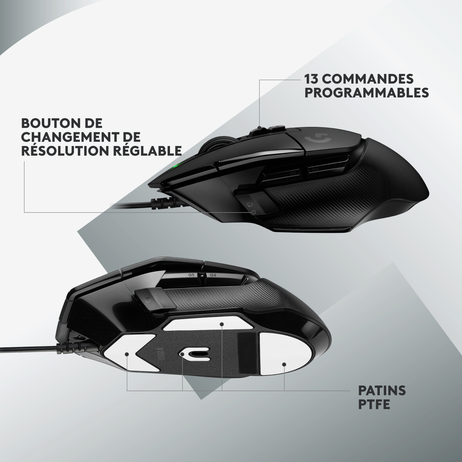Souris noire, vue de dessus et de dessous. Texte : commandes programmables et patins PTFE.