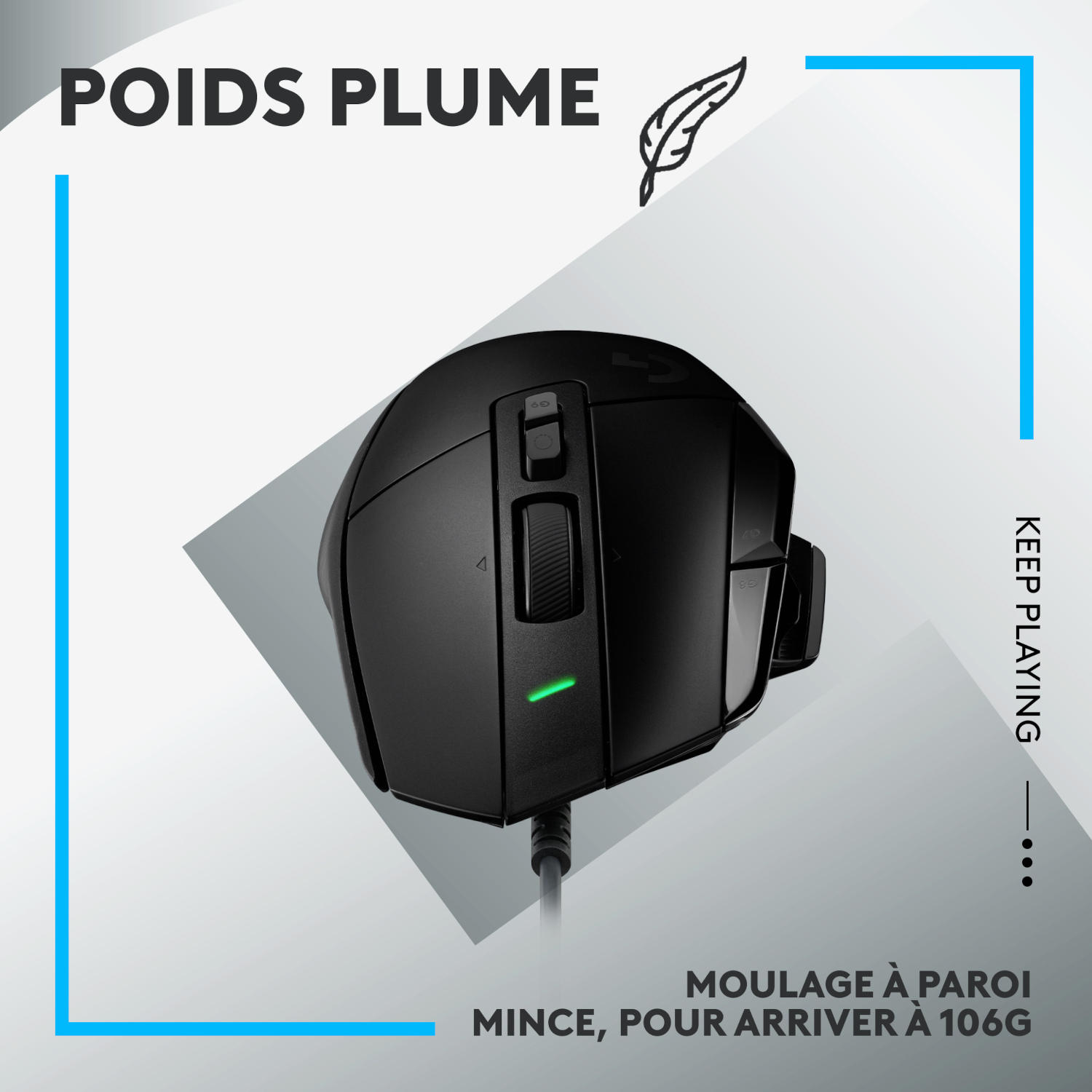 Souris de jeu noire avec une lumière verte, cadre bleu avec texte "POIDS PLUME" et "KEEP PLAYING".