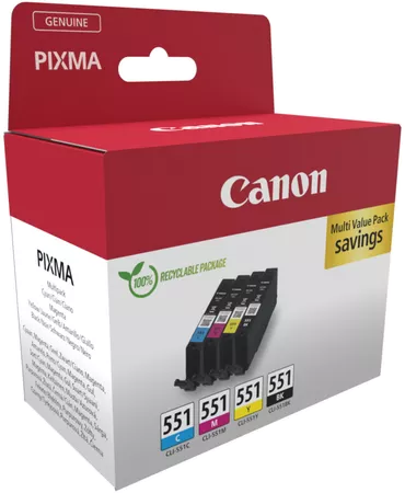 Canon tintapatronok piros dobozban, szöveg: Multi Value Pack megtakarítás.
