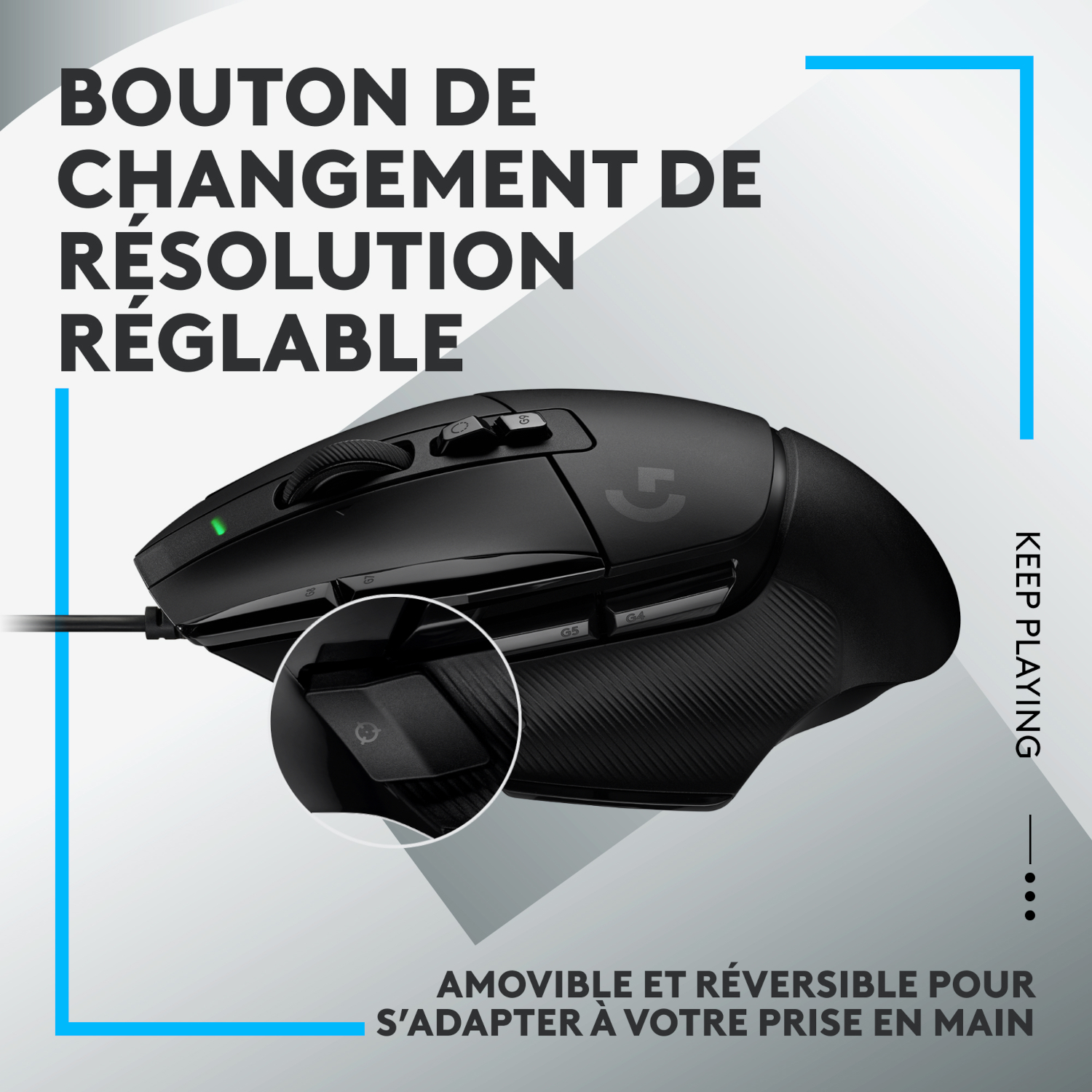 Souris gaming Logitech noire avec plusieurs boutons. Détail montre un bouton. Texte : Changement de résolution.