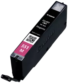 Canon magenta tintapatron, fekete test, fehér háttér, QR-kód, tintatartály.