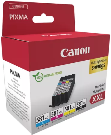 Egy doboz Canon nyomtatótintapatron. A doboz piros-fehér, és a „PIXMA” és „XXL” feliratok láthatók rajta.