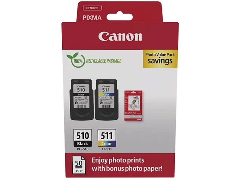 CANON PG-510 (9 ml) fekete + CL-511 színes tintapatron 50 lap GP-501 10x15cm fotópapír (2970B017)