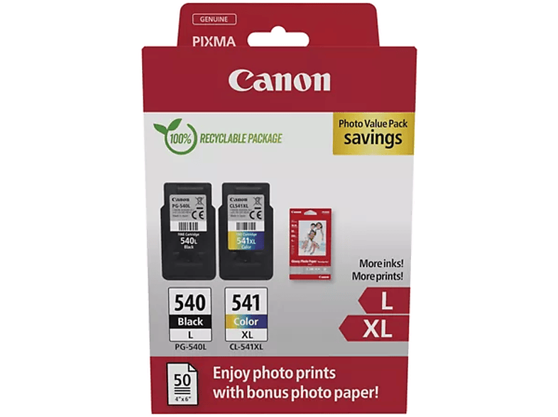 CANON PG-540L (11 ml) fekete + CL-541XL (15 színes tintapatron 50lap GP-501 10x15cm papír (5224B012)