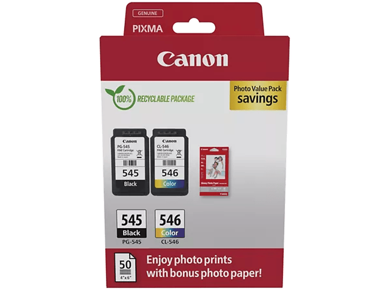 CANON PG-545 (8 ml) fekete + CL-546 színes tintapatron 50 lap GP-501 10x15cm fotópapír (8287B008)