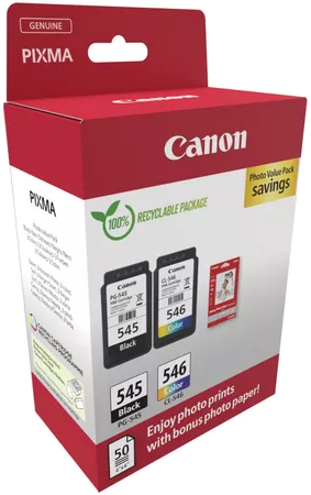 Canon Pixma nyomtató tintapatron doboz. Piros-fehér dobozban fekete és színes tintapatronok.