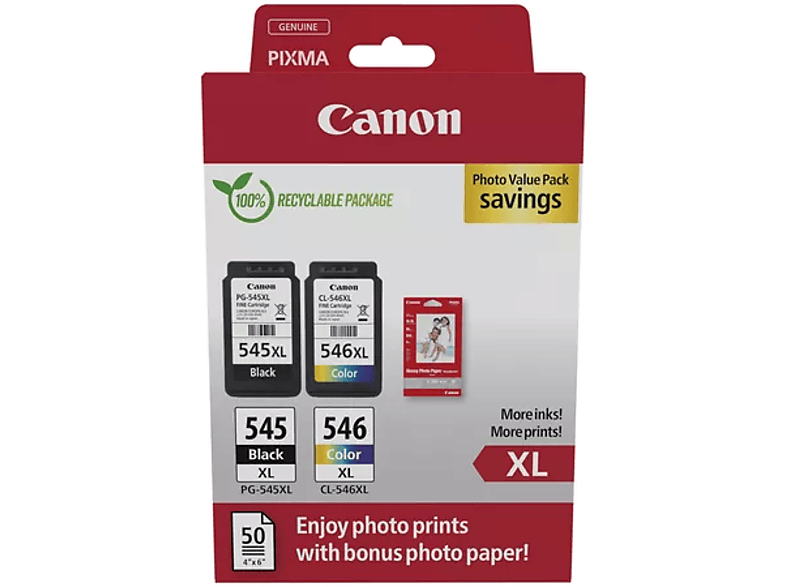 CANON PG-545XL (15ml) fekete + CL-546XL (13ml) színes tintapatron 50 lap GP-501 10x15cm papír (8286B011)