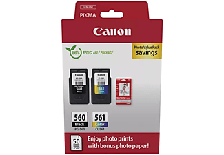 CANON PG-560 (7,5 ml) fekete + CL-561 (8,3 ml) színes tintapatron + 50 lap GP-501 10x15cm papír (3713C008)