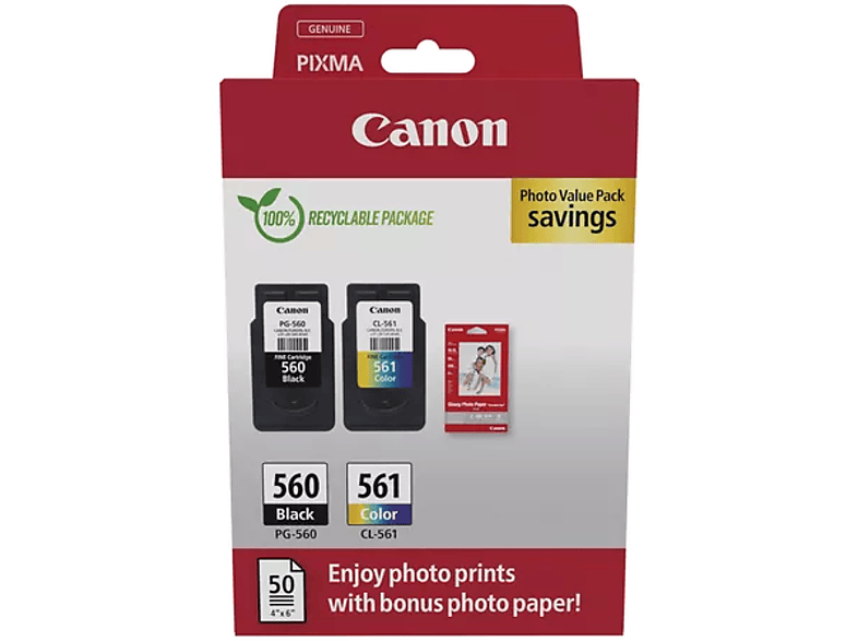 CANON PG-560 (7,5 ml) fekete + CL-561 (8,3 színes tintapatron 50 lap GP-501 10x15cm papír (3713C008)