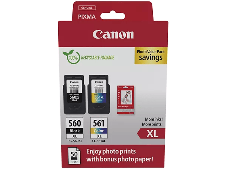 CANON PG-560XL (14,3 ml) fekete + CL-561XL (12,2 színes tintapatron 50 lap GP-501 papír (3712C008)