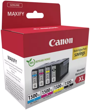 Egy Canon tintapatron doboz négy tintapatronnal. A doboz piros és fehér, a Canon logóját ábrázolja.