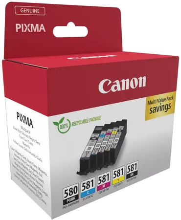 Canon Pixma tintapatron doboz, több tintapatronnal, piros és fehér design.