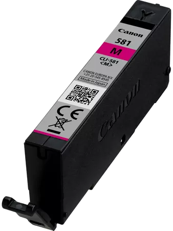 Egy fekete és magenta Canon tintapatron, '581 M' felirattal és 'Canon' logóval.