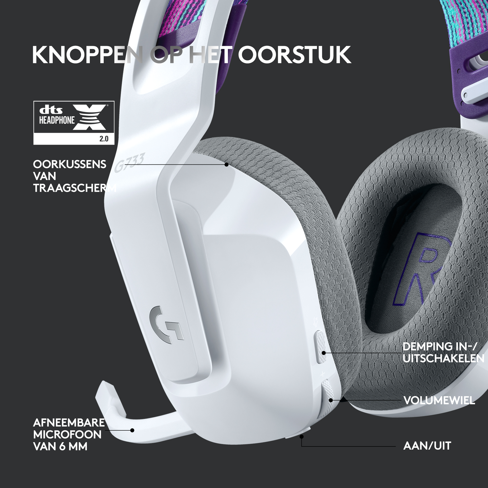White headset with purple accents and grey earcups. Features buttons, removable mic, and a volume wheel.