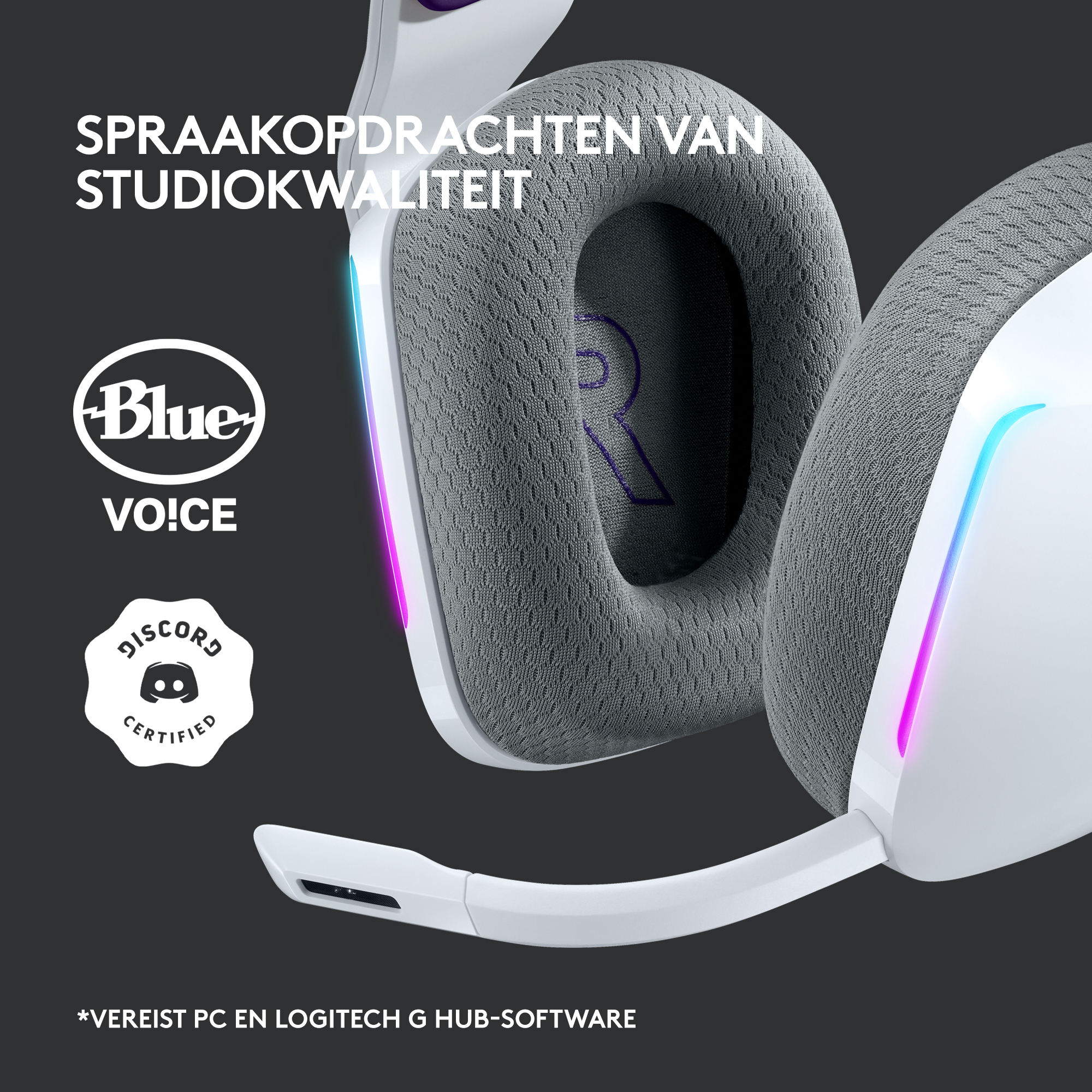 White and gray headphones with a microphone, and the Blue VO!CE logo.