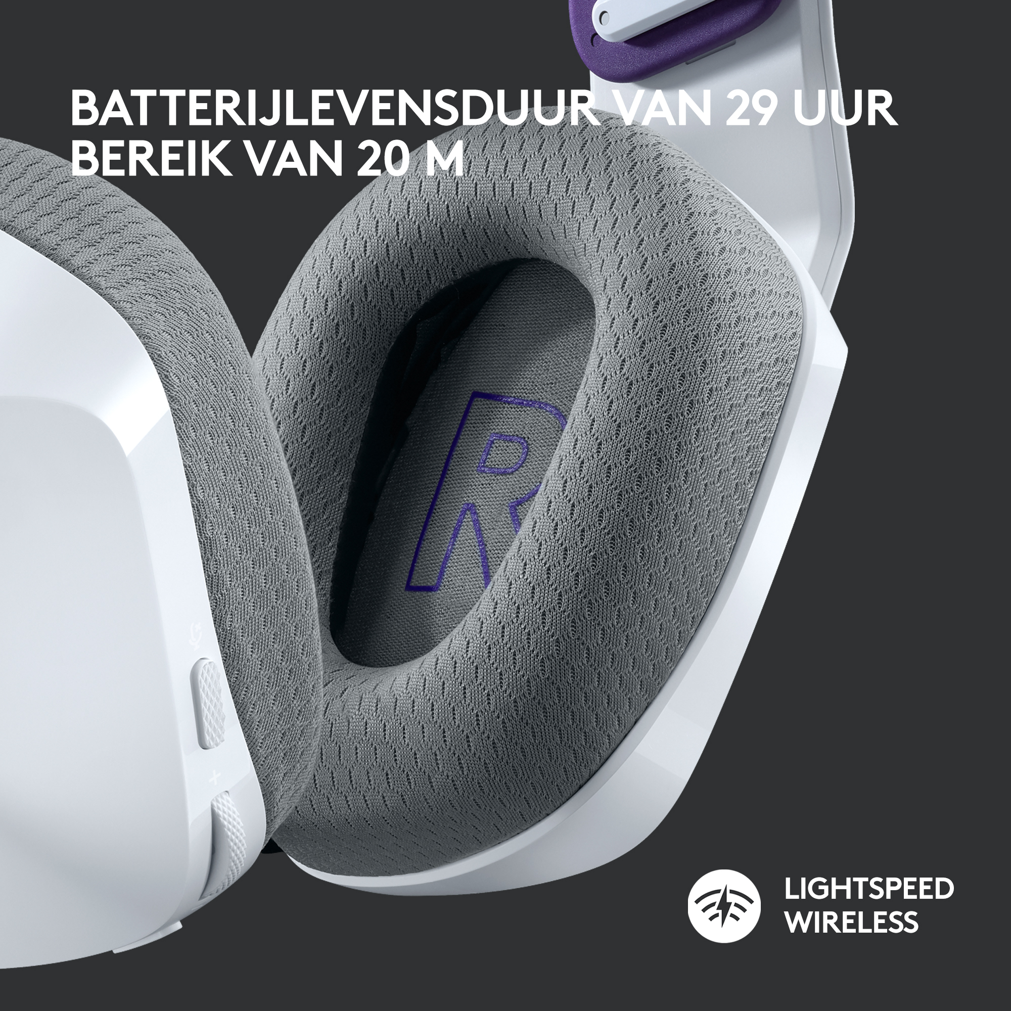 White and gray gaming headset close-up. Text: 29-hour battery life, 20M range, and LIGHTSPEED WIRELESS.