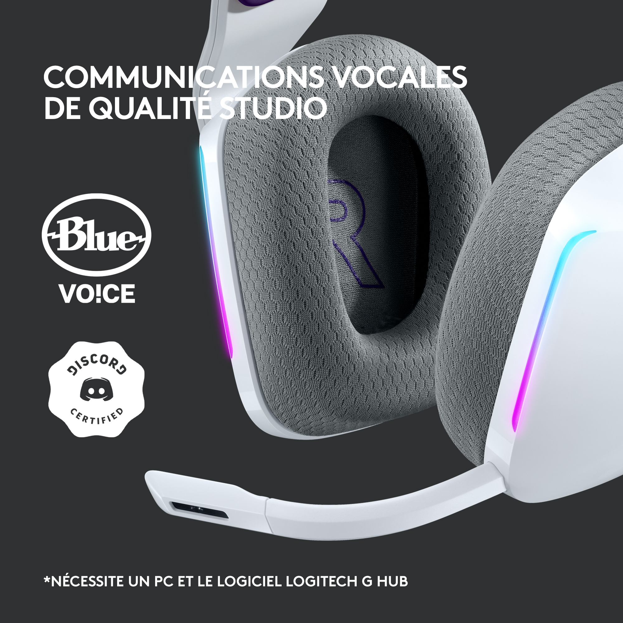 Casque de jeu blanc avec microphone et logo. Le texte est en français.