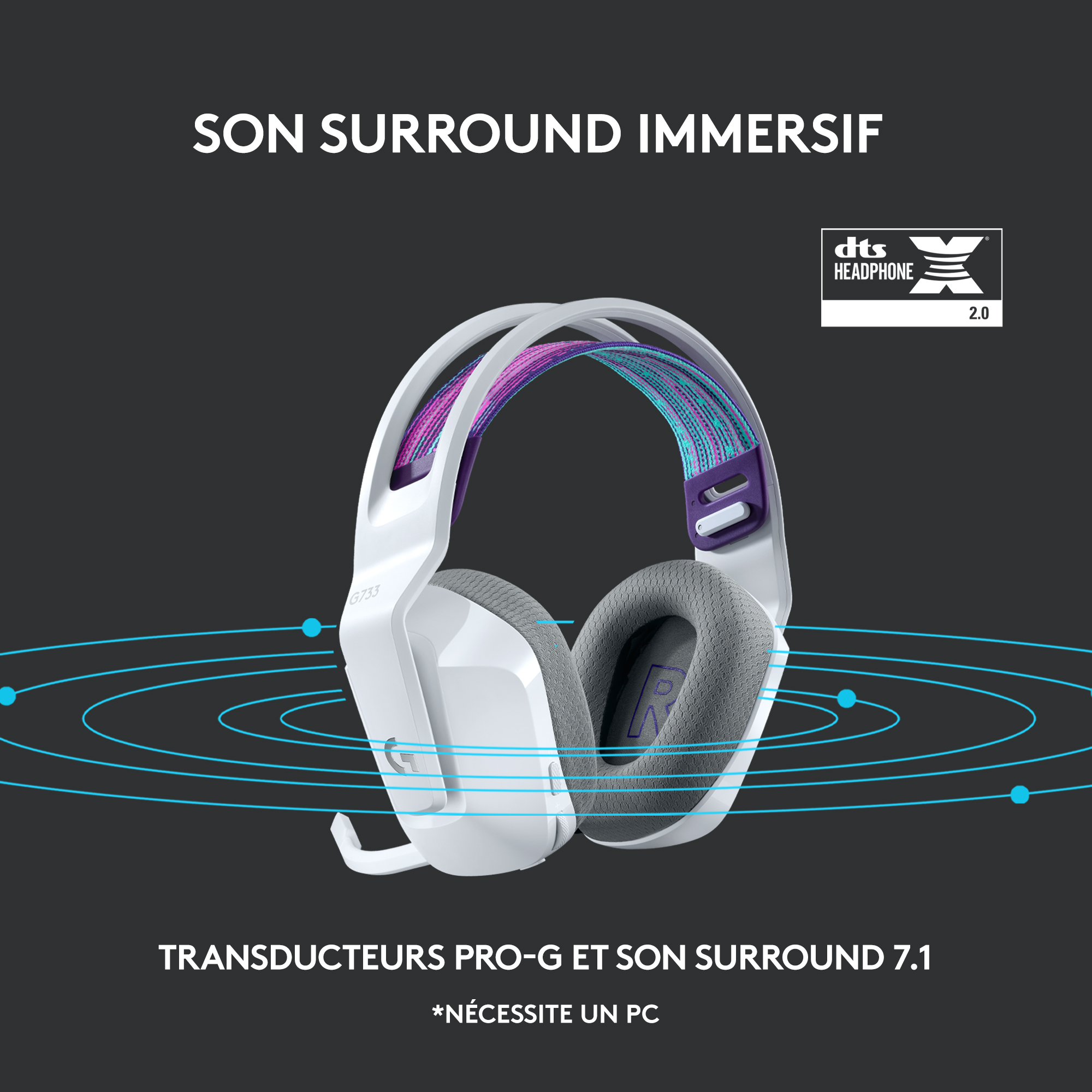 Casque gaming blanc avec bandeau bleu et violet et texte.