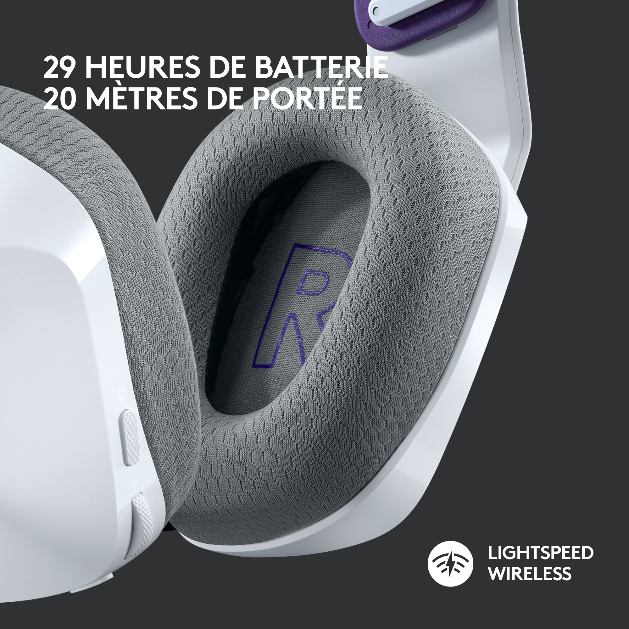 Casque sans fil blanc avec coussinets d'oreille gris et accents violets, texte : 29 heures de batterie et 20 mètres de portée.