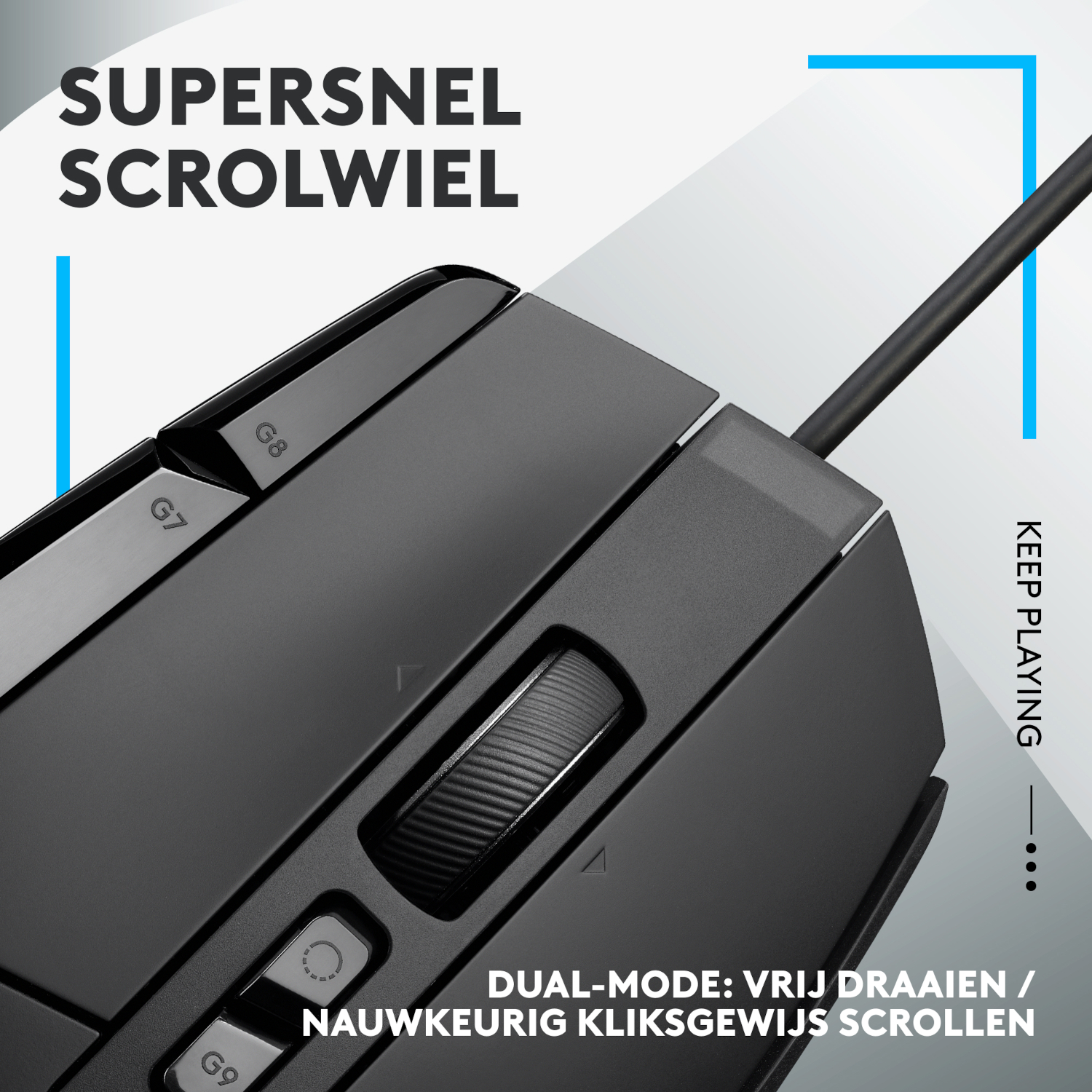 A black computer mouse with a scroll wheel. The text says 'Supersnel Scrollwiel'.