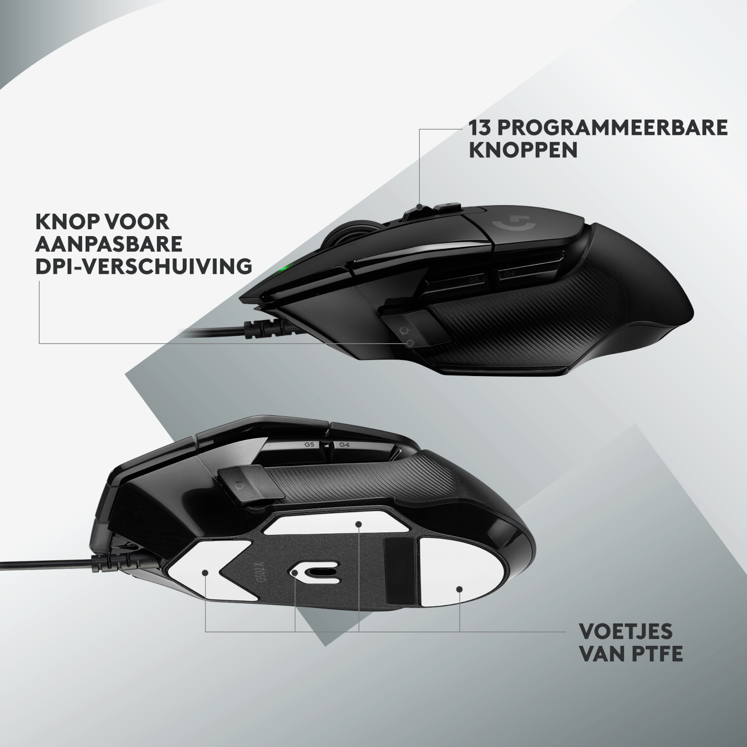 A black gaming mouse with multiple buttons and adjustable DPI. Text labels and cable are visible.