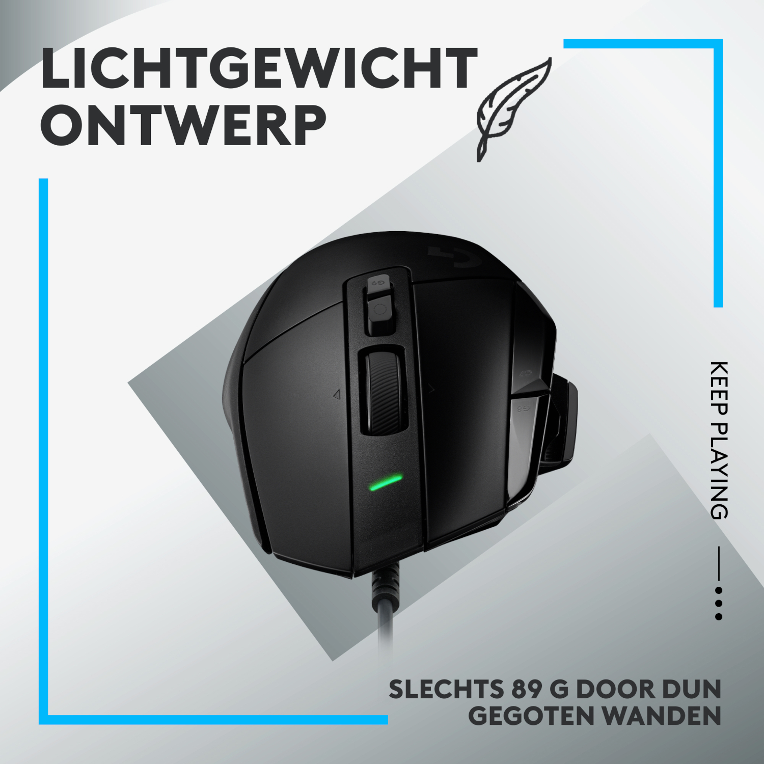 Black computer mouse with a green light. Text in Dutch. Keep playing is written on the side.