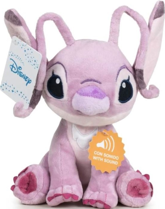 Un angelo di peluche rosa. È attaccata un'etichetta Disney. Il giocattolo ha una funzione sonora.