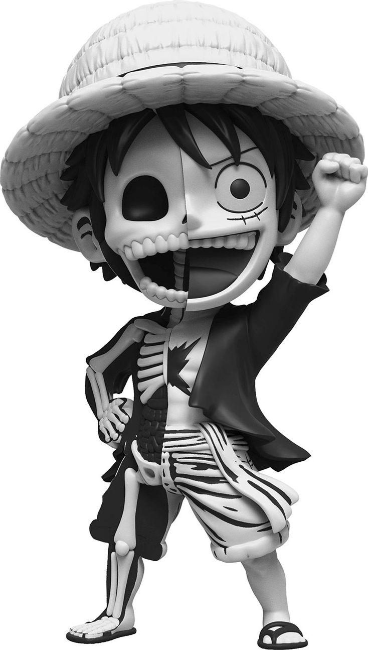 Figurine Luffy en noir et blanc avec détails squelette et chapeau de paille.