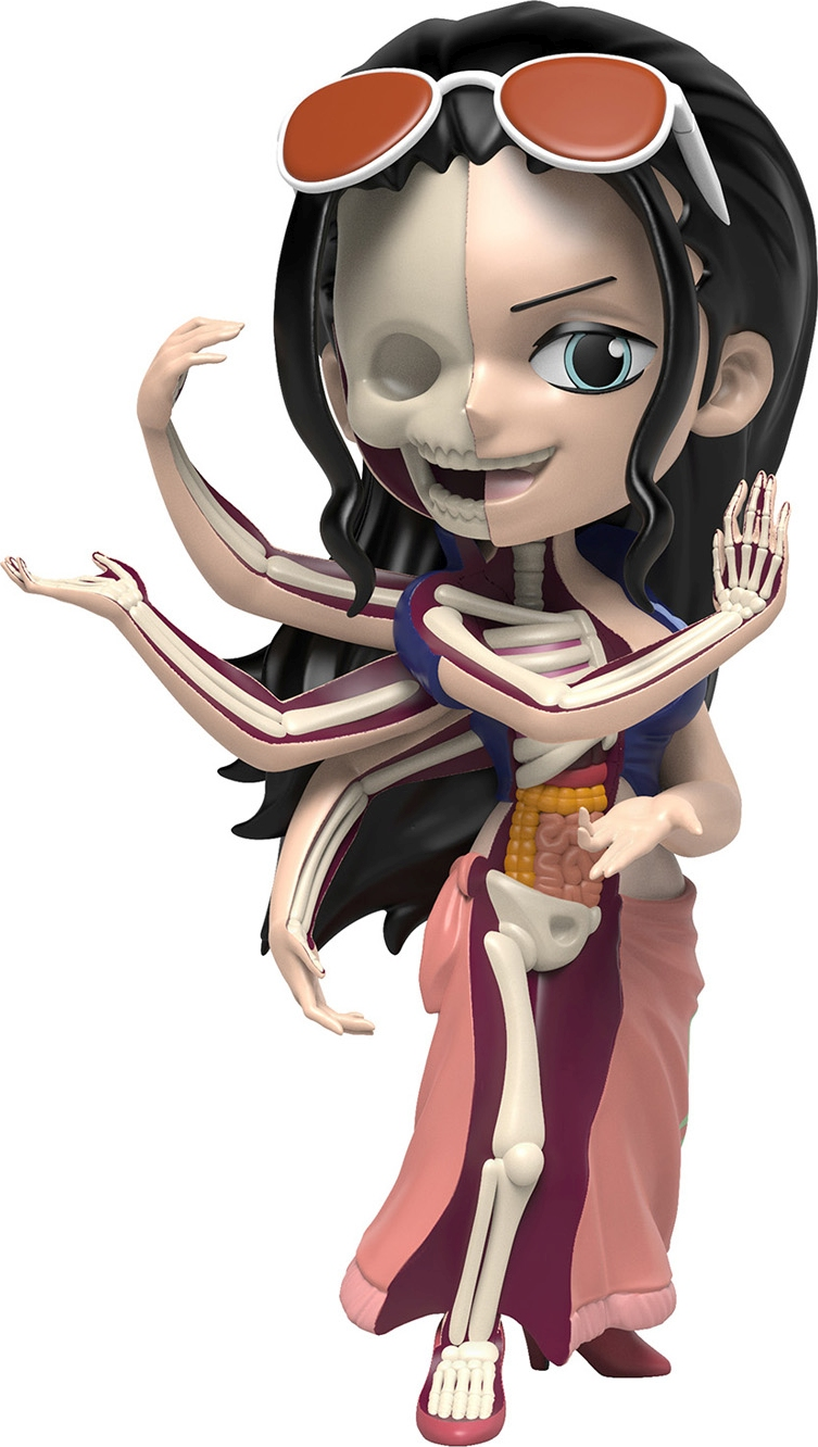 Modèle anatomique d'un personnage de manga avec squelette exposé et organes internes.