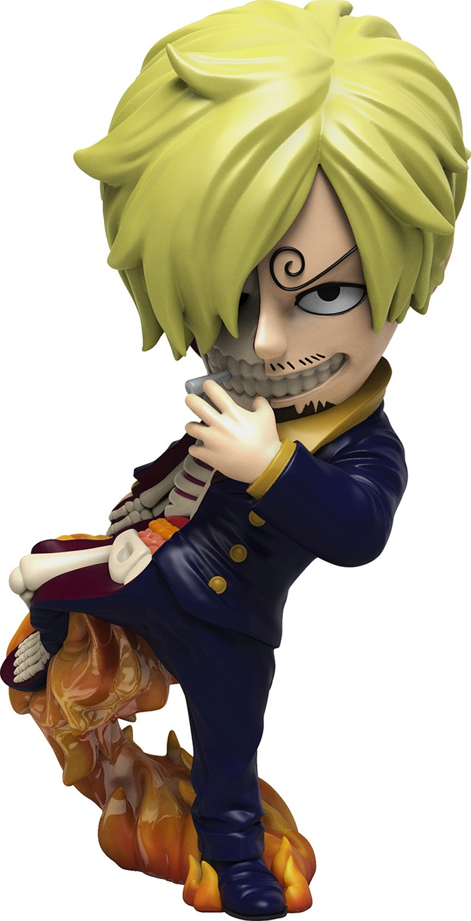 Figurine d'anime d'un homme blond avec un bras squelette. Il est en costume avec des flammes à ses pieds.