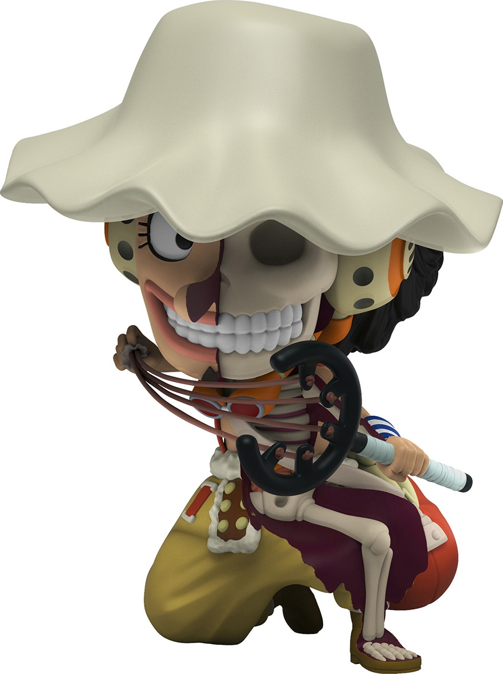 Figurine Usopp avec un chapeau. Son visage est à moitié squelette. Il tient une arme. Fond blanc.