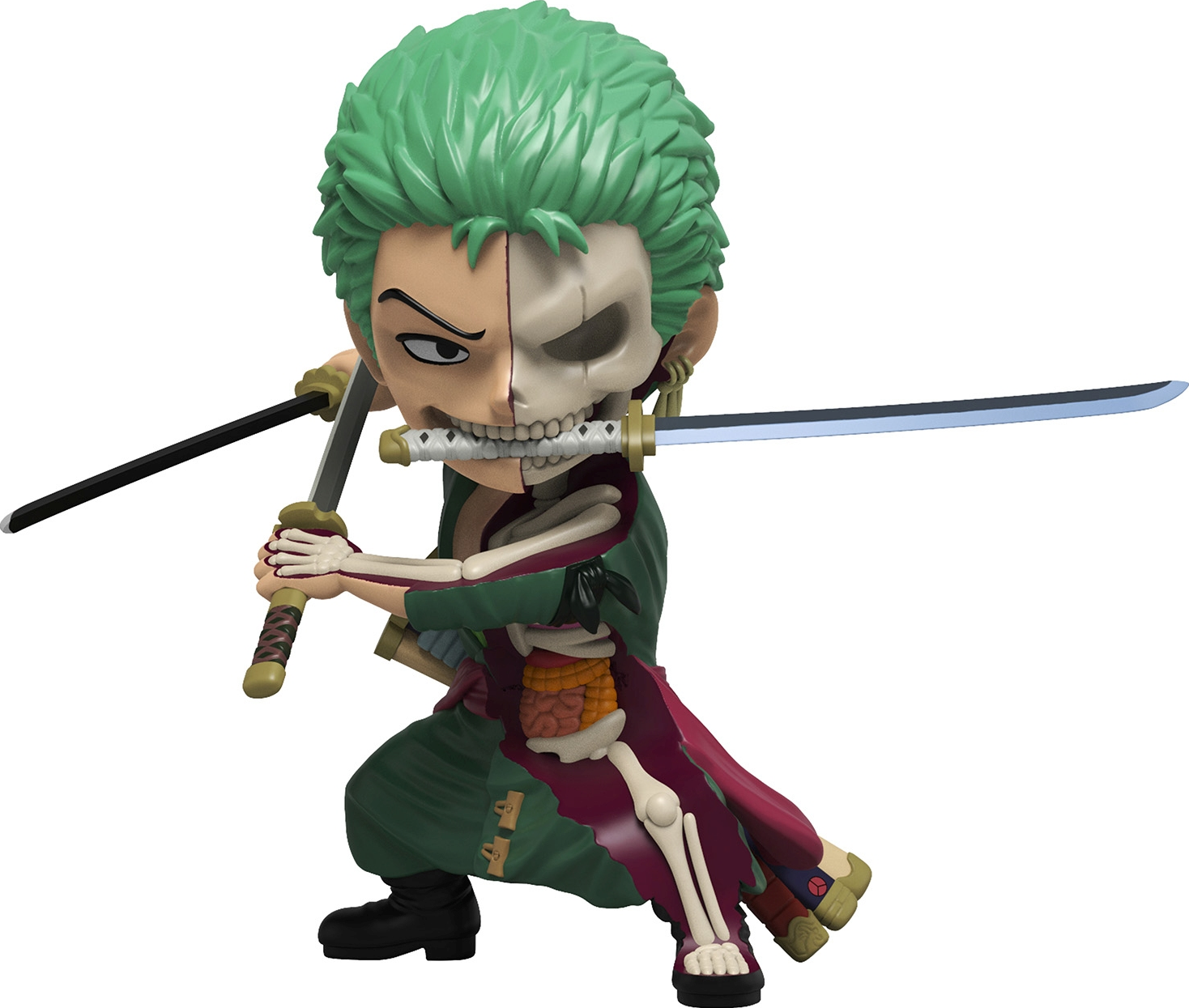 Figurine de Zoro, deux épées, moitié squelette et moitié visage normal, vêtements verts.