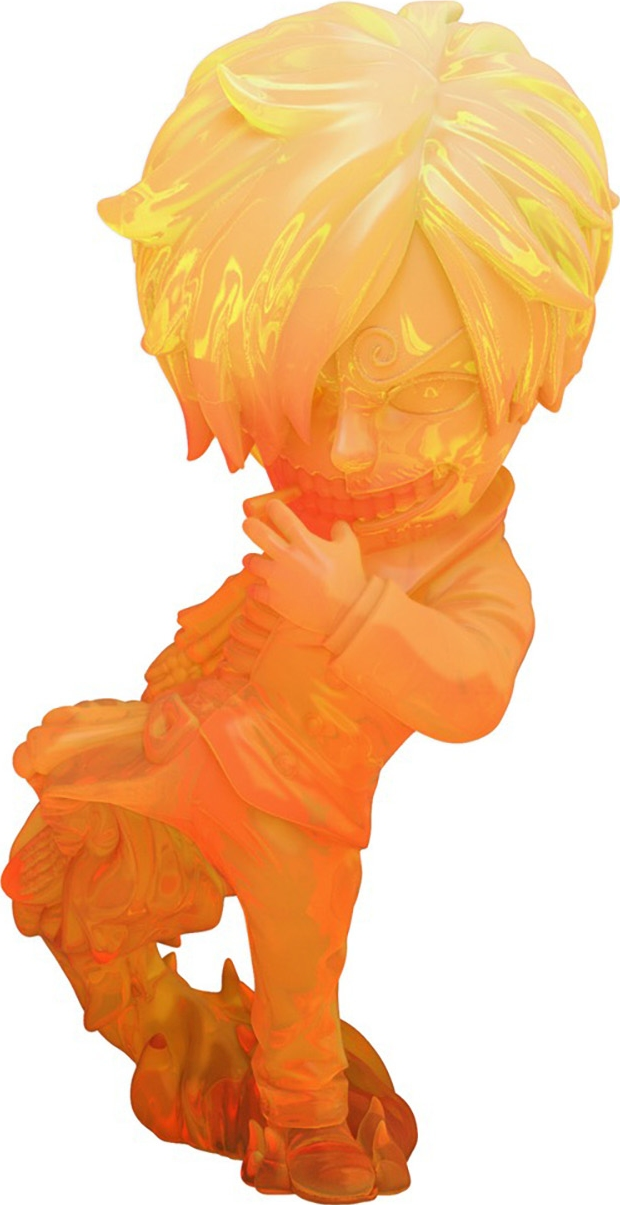 Une figurine orange translucide d'un personnage de dessin animé. Elle présente un personnage dans une pose.