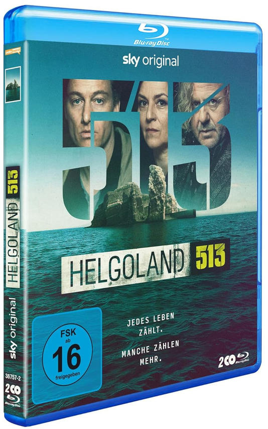 Blu-ray-Disc-Hülle mit Filmposter. Der Titel lautet 'Helgoland 513' mit Gesichtern und Meereshintergrund.
