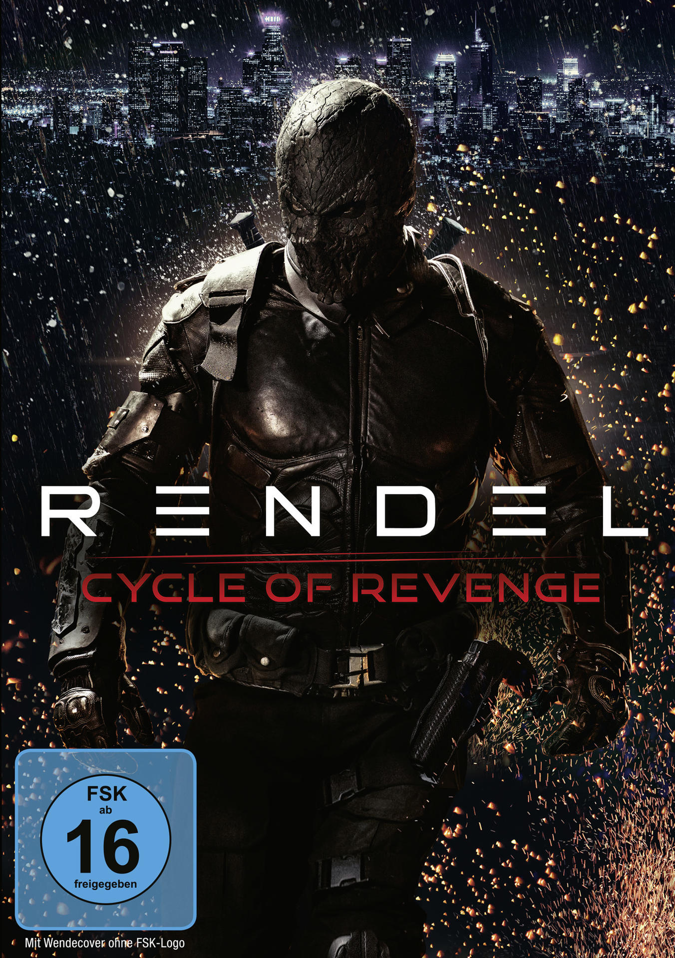 Rendel: Cycle of Revenge DVD-Cover. Ein maskierter Mann in schwarzem Leder vor Stadtkulisse.