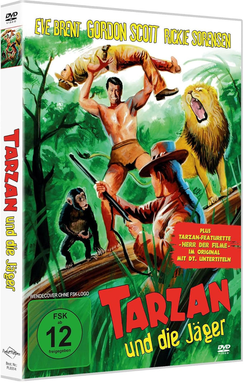 DVD-Cover: Tarzan mit einem Mann, einem Löwen, einem Schimpansen in einer Dschungelszene. Text auf Deutsch.