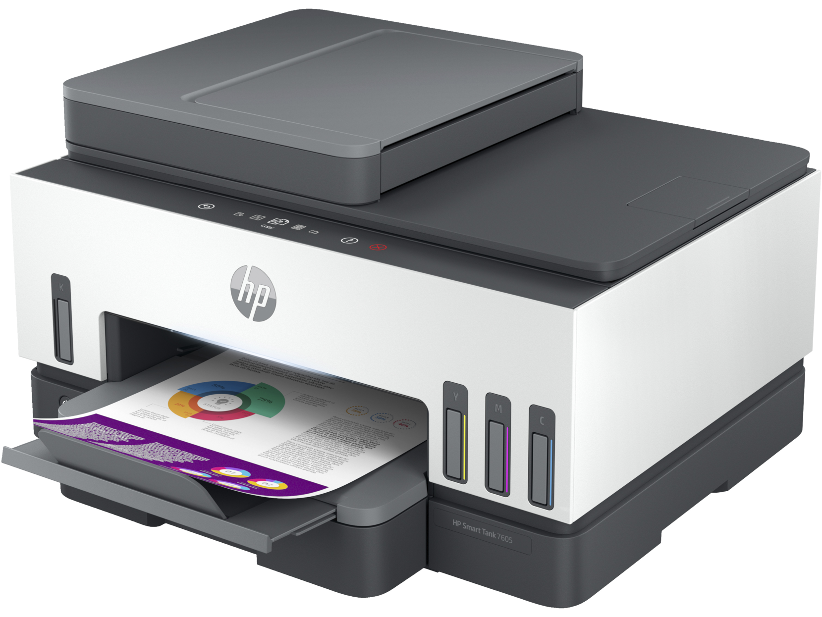 Impresora HP blanca y gris con papel mostrando un gráfico de color, con tanques de tinta visibles.