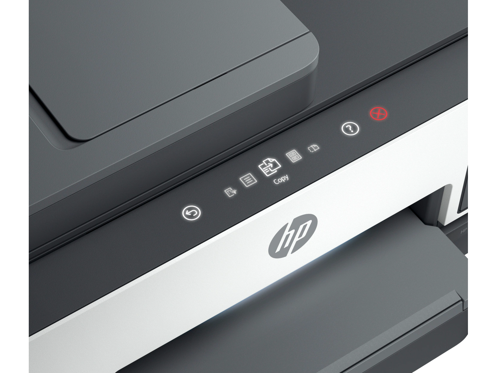 Primer plano del panel de control de una impresora HP. Es blanco y negro con algunos símbolos y una luz roja de error.