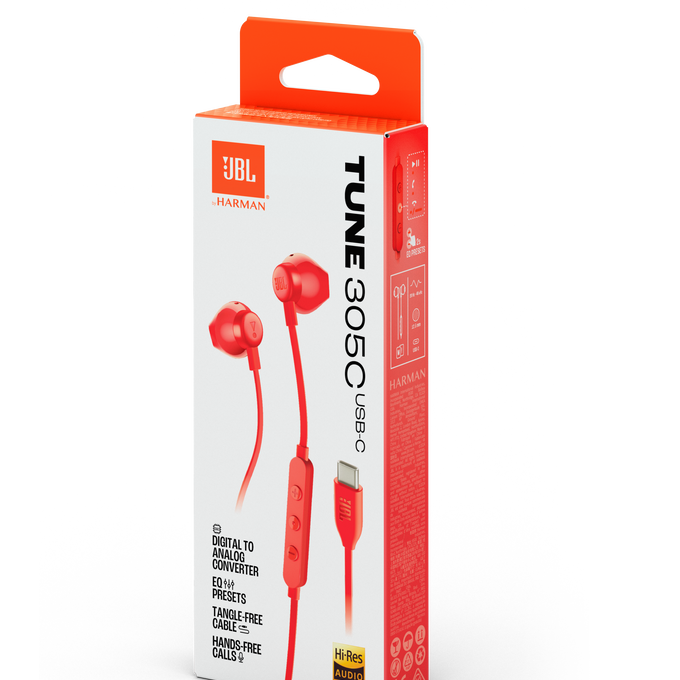 Caja de auriculares JBL Tune 305C rojos, con auriculares, cable y detalles del producto.