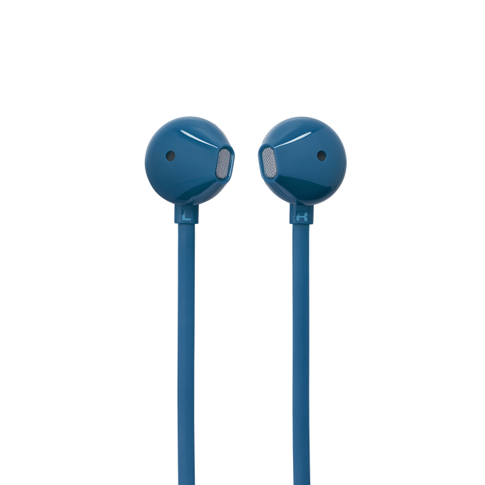 Dos auriculares azules con fondo negro. Los auriculares están conectados a un cable azul.