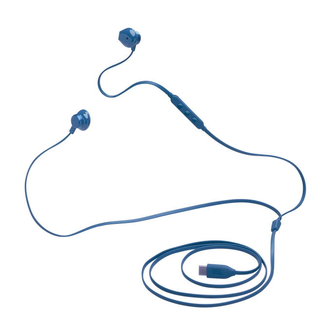 Auriculares JBL azules con cable y control, fondo oscuro.