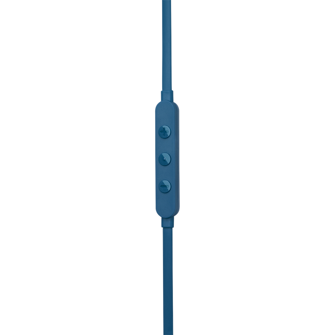 Primer plano del control de auriculares azules con tres botones. Fondo negro.