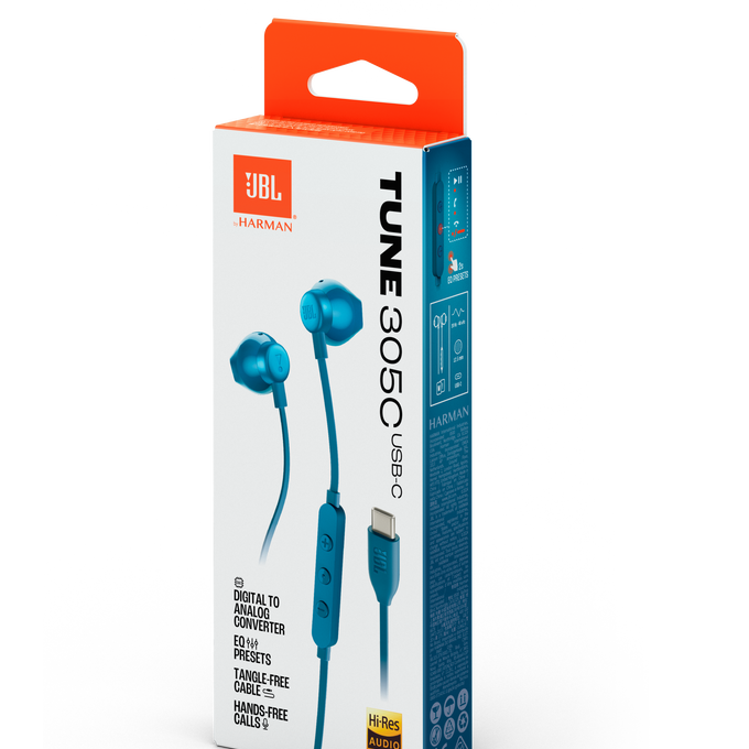 Auriculares en una caja. La caja es azul y blanca, con la marca JBL, y los auriculares también son azules.