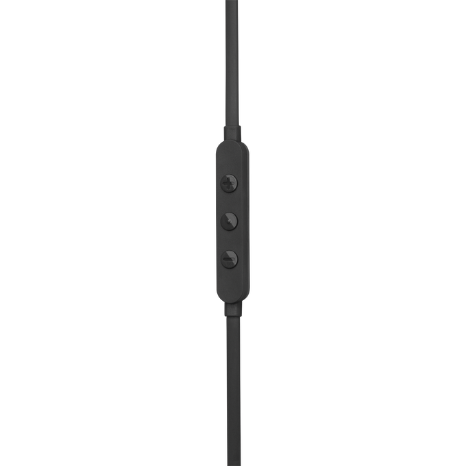 Primer plano de un cable de auriculares negro con tres botones.