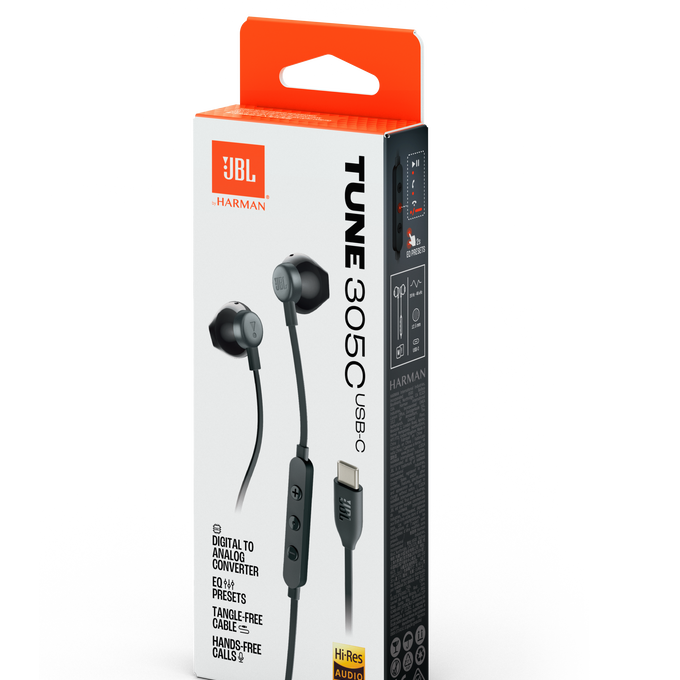 Caja de auriculares JBL Tune 305C, auriculares negros y cable.