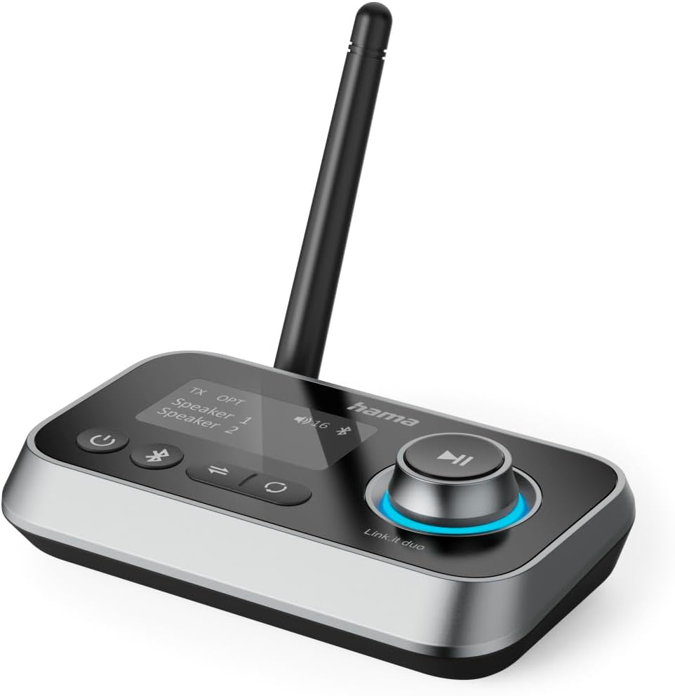 Dispositivo de audio negro y plateado con pantalla, botones y antena.