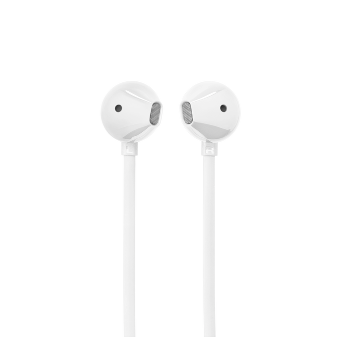 Dos auriculares blancos. Los auriculares tienen cables blancos y malla gris que cubre el altavoz.