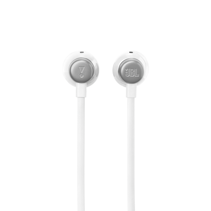 Dos auriculares blancos conectados por un cable blanco sobre un fondo negro.